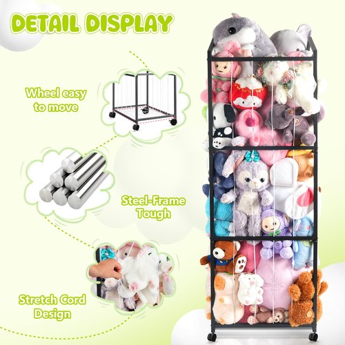NomNest Stuffed Animal Storage Plushies Storage, Toy Storage Organizer Giant Stuffed Animal Zoo Holder, Sturdy Metal Toy Shelf Teddy Bear Storage Bedroom Organization ( Wheeled, Black)