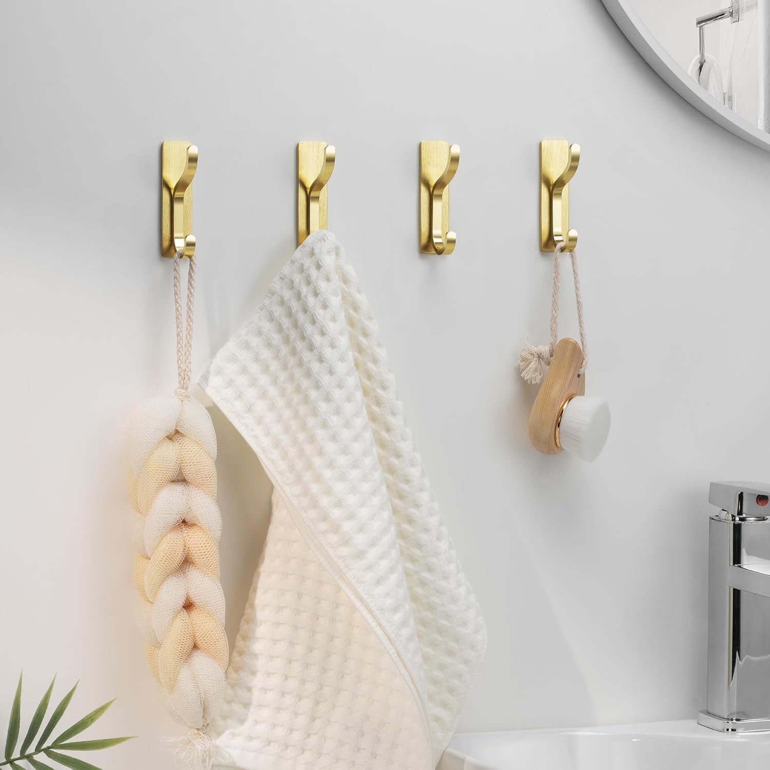 Pickpiff Adhesive Wall Coat Hooks - Heavy-Duty Stick-On Metal Hangers for Towels, Bags & Jackets - Gold, 4 Pack