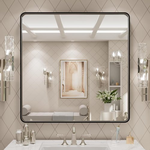 LOAAO Black Metal Framed Bathroom Mirror - 30x30 Inch Matte Black Rounded Rectangle, Anti-Rust, Versatile Hanging Options