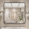 LOAAO Black Metal Framed Bathroom Mirror - 30x30 Inch Matte Black Rounded Rectangle, Anti-Rust, Versatile Hanging Options