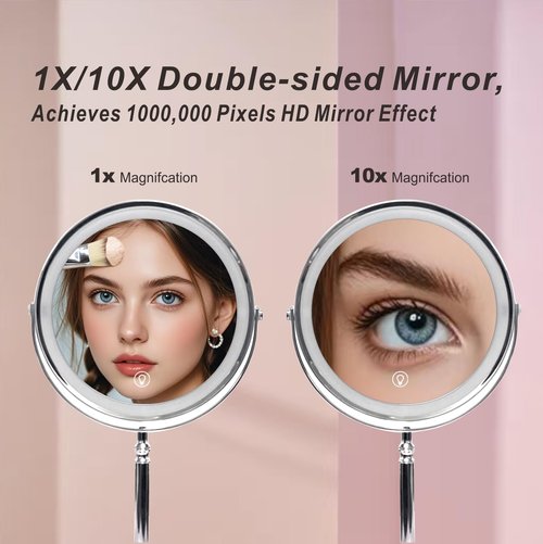 Makeup Mirror with Lights ，8 Inch 1X/10X Rechargeable Double Sided Magnifying, 360° Rotation LED HD Mirror with 3 Colors，Brightness Adjustable, Gifts for Wowen & Men