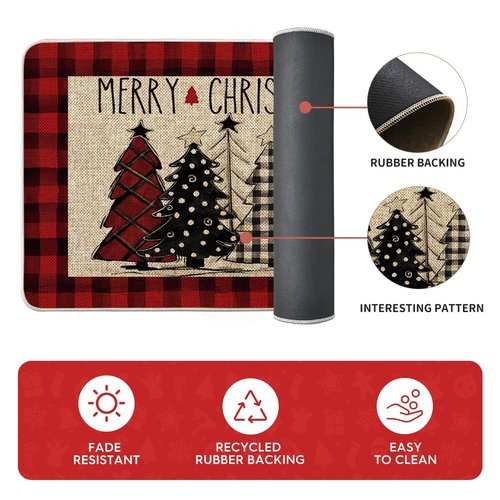 Artoid Mode Red Xmas Trees Buffalo Plaid Merry Christmas Kitchen Mats Set of 3, Winter Decor Low-Profile Kitchen Rugs for Floor - 24"x35"+24"x59"+24"x72"