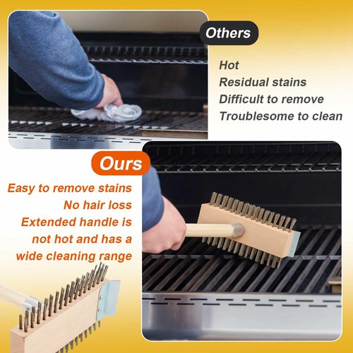 Kritkin 2 Pcs Stainless Steel Grill Brushes, Grill Scraper with 30'' Long Wooden Handle Commercial Oven Charbroiler Cleaning Brush for Outdoor Kitchens BBQ Restaurants
