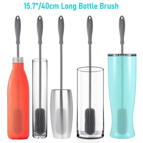 15.7" Silicone Bottle Brush, ddLUCK Water Bottle Cleaner Brush for Stanley, Hydroflasks, Glass, Thermos Sports Bottle, Vase and Glassware, Bottle Brush Cleaner for Small Narrow Neck Containers (Gray)