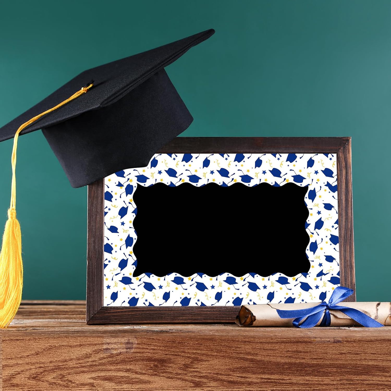 Whaline Graduation Bulletin Board Border - 69Ft Blue & Gold Cap & Star Design for Party Decor