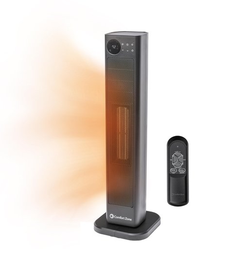 Comfort Zone 30-Inch Oscillating Tower Space Heater with Remote Control – 1500W High Velocity Ceramic Heater, Digital LCD Thermostat, 12-Hour Timer, ECO Mode, Safety Tip-Over & Overheat Protection