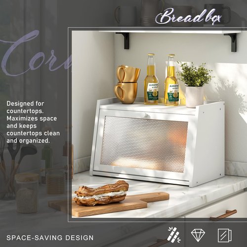 Wieghda Large Farmhouse Bread Box with Window -White Natural Wood Bread Storage Container for Kitchen Countertop
