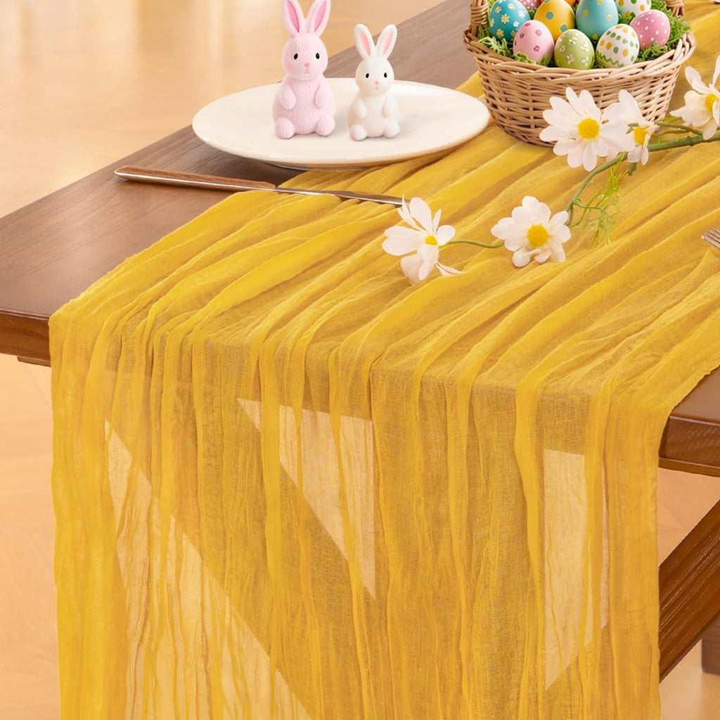 Socomi Gold Yellow Cheesecloth Table Runner - 120 Inch Rustic Boho Decor for Weddings & Events