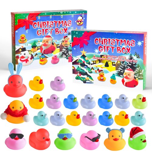 2025 Christmas Advent Calendar Ducks, 24 Days Christmas Countdown Rubber Ducks, Xmas Party Favor Gifts Boxes, Rubber Ducky Bath Toy for Boys Girls Toddlers Kids, 1 PCS
