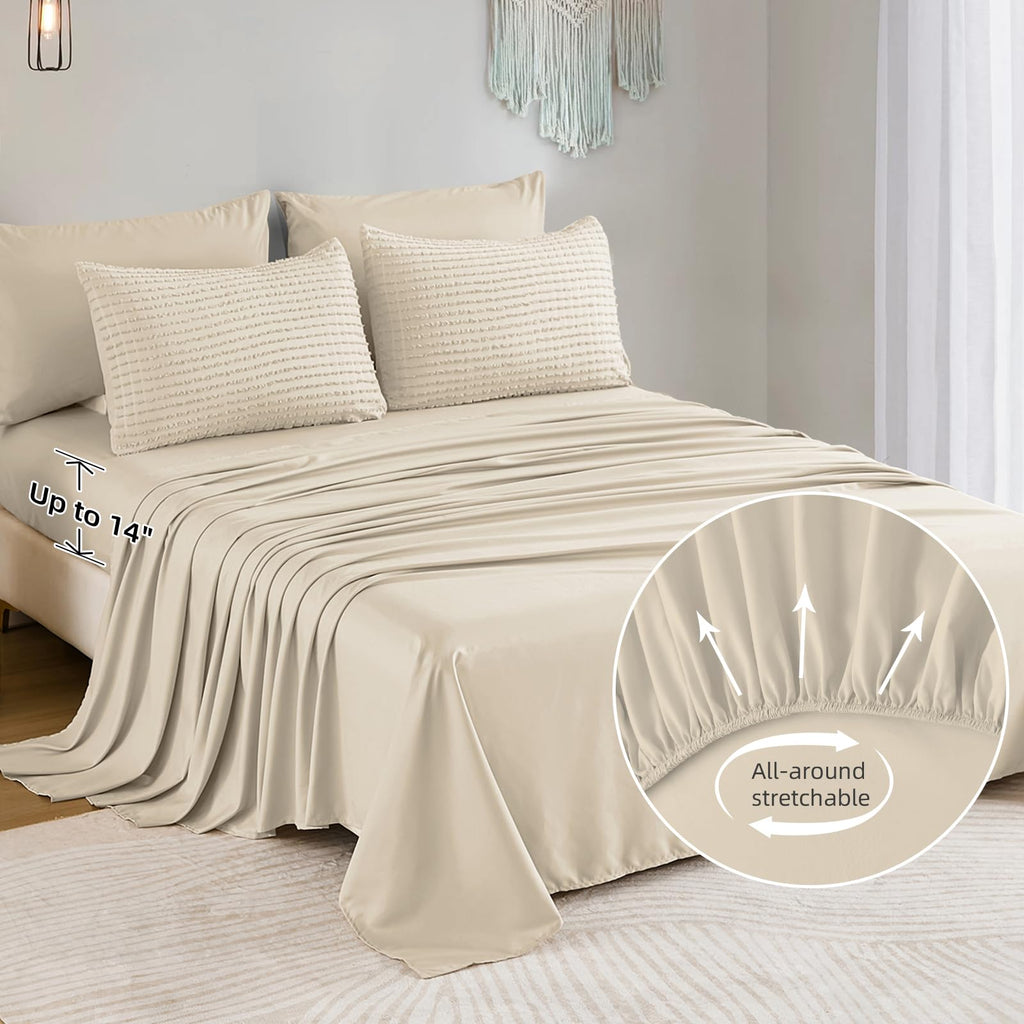 Yiran 7 Piece Beige Comforter Set King Bed in a Bag Tufted Texture Striped Boho Comforter Set Fluffy Jacquard Geometric Bedding Set 104"×90"