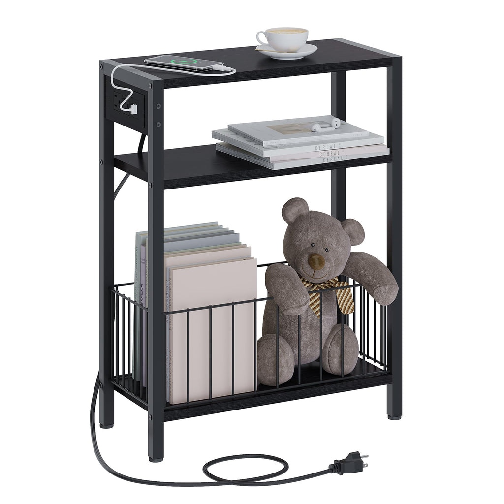 TRIFEBLE Narrow Side Table with Charging Station, Small End Table for Small Spaces, Slim Nightstand with Storage Basket, 3 Tier Skinny Bedside Table for Living Room, Bedroom, Black