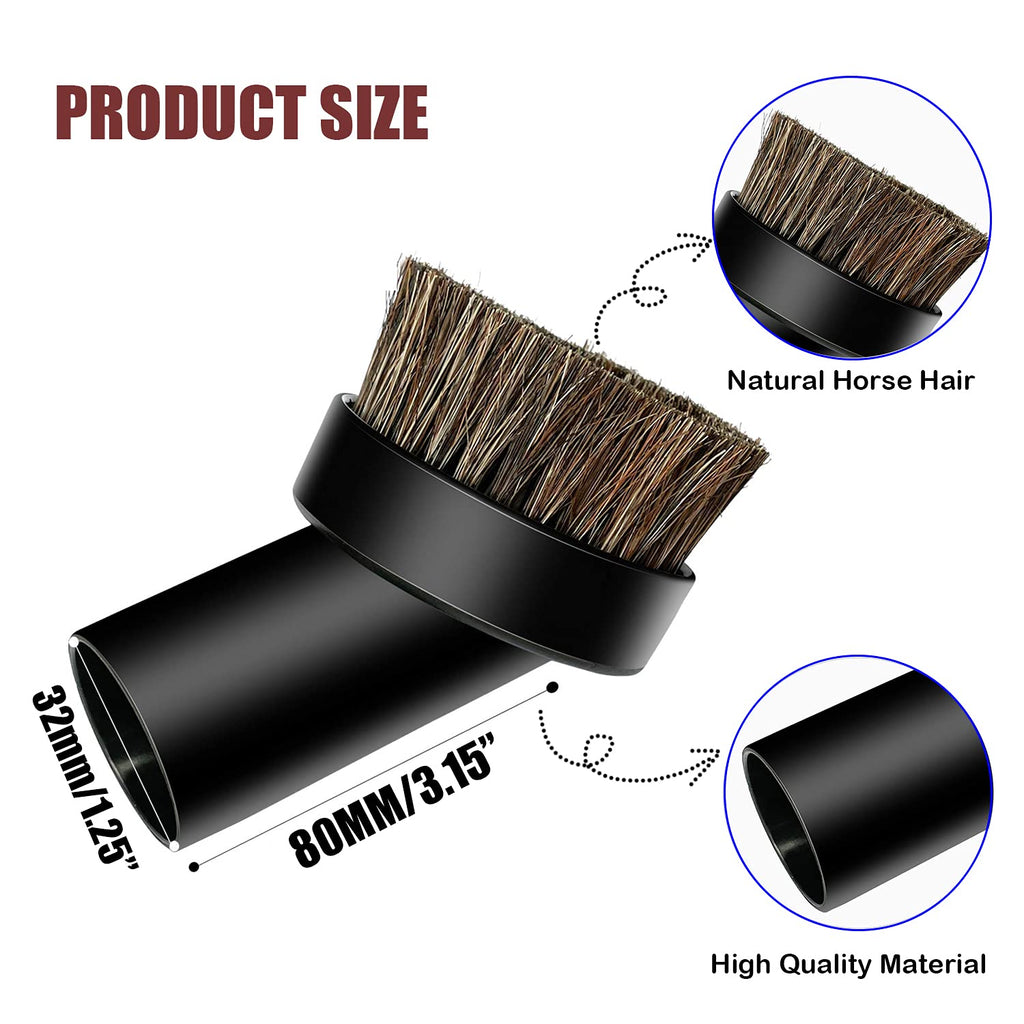 Round Dust Brush 25mm Soft Horse Hair 1.25” Vacuum Attachment Replacement with 1-1/4" to 1-3/8 Horse Adapter