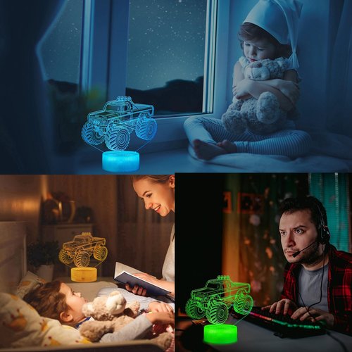 Monster Truck Night Light, Monster Truck Gifts, 3D Illusion Lamp with 16 Colors Changing, Remote Control with Timer, Dimmer, Kids Room Decoration for Holiday Birthday Christmas