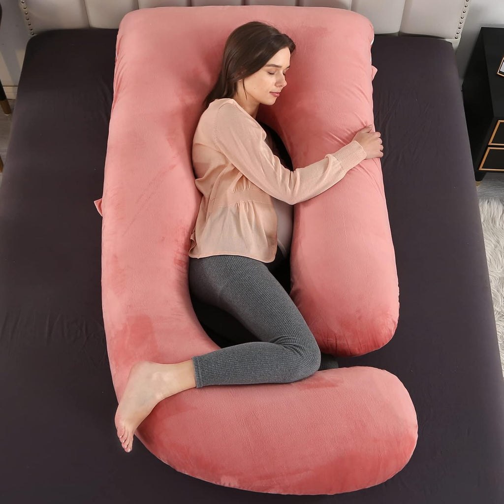 U-Shaped Pregnancy Pillow by [Brand Name] - 57" Full Body Maternity Pillow with Removable Velvet Cover | Supports Back, Legs, Belly & Hips - Pink