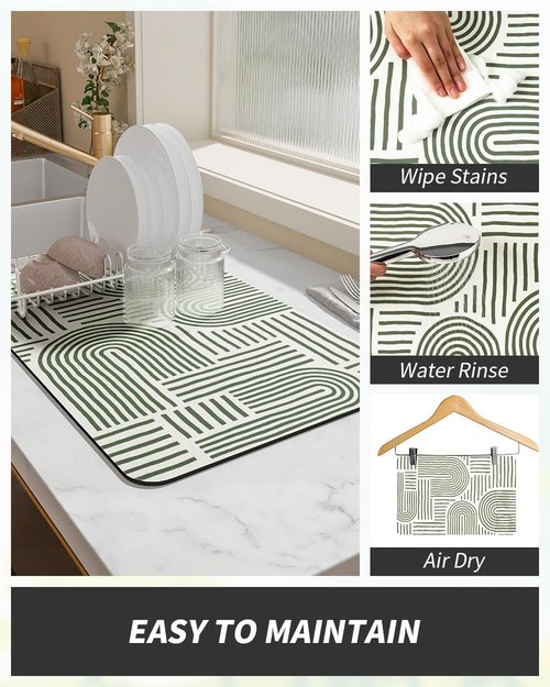 AMOAMI Coffee Mat Hide Stain Rubber Backed Absorbent Dish Drying Mat for Kitchen Counter - Fits Under Coffee Maker & Dish Rack - Green Line 12x19