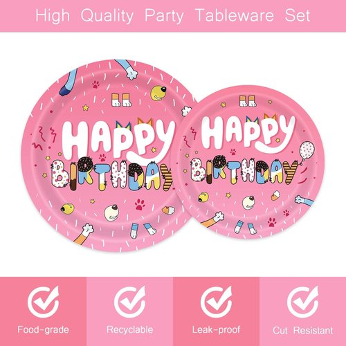 96Pcs Cartoon Pink Dog Tableware Set Disposable Dinnerware for Girls Birthday Party Bday Pink Decorations with Plates and Napkins Sets Serve 24 Guests