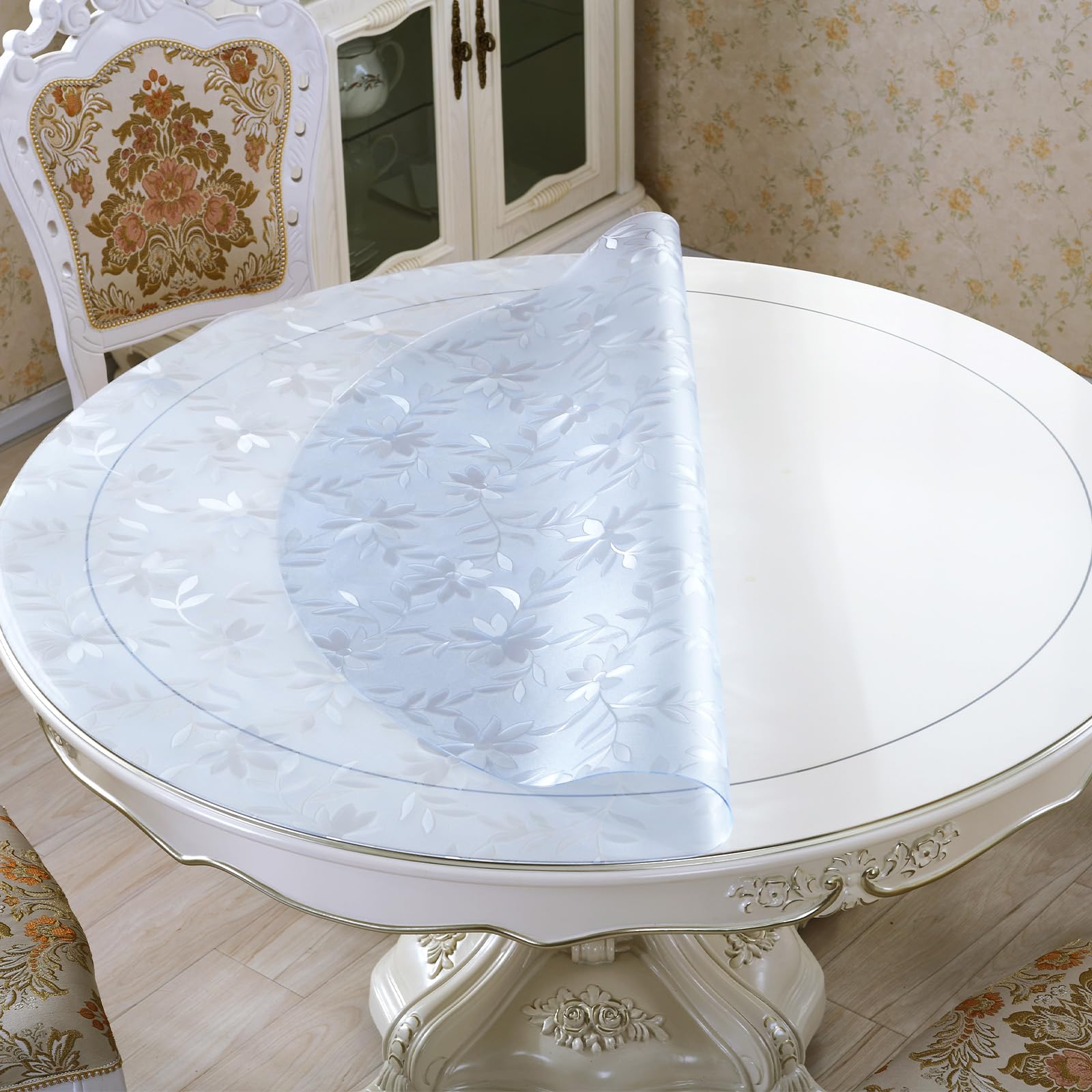 LovePads 1.5mm Thick 40 Inch Flower Round Table Cover Protector, Round Table Protector for Dining Room Table, Non-Slip Plastic Tablecloth Cover, Vinyl Circle Table Pad