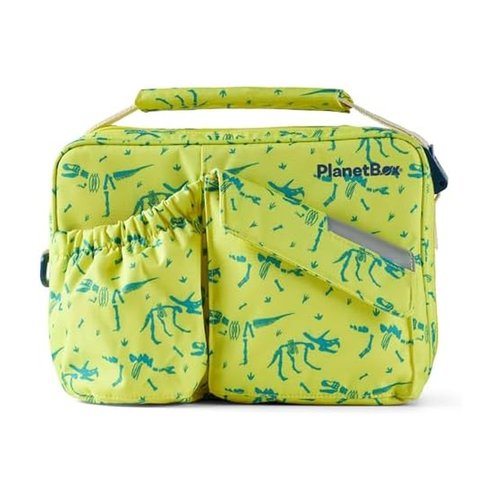 PlanetBox Insulated Lunch Bag – Banana Dino Edition Carry Bag with Pockets for Water Bottle and Snacks – Durable, Easy to Clean, and BPA Free