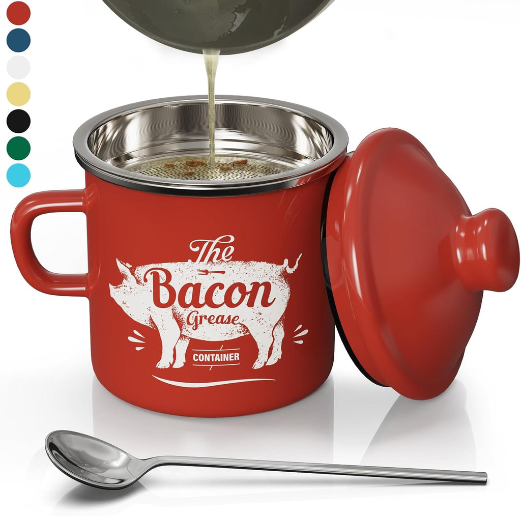 PGYARD Mini Bacon Grease Container - 15oz Enamel Strainer for Kitchen Fat Storage | Dishwasher Safe - Red