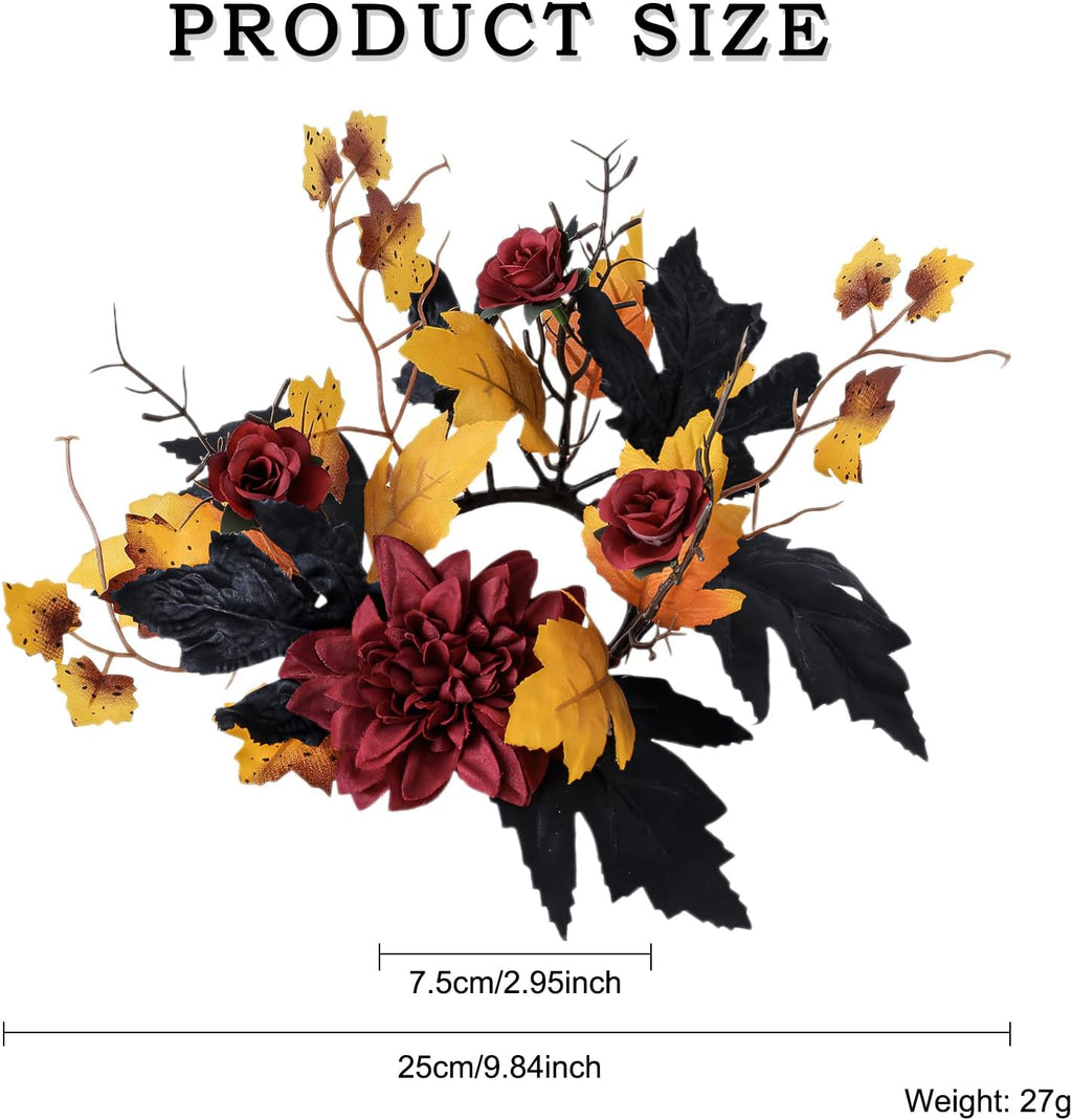 Regine Switzerland Halloween Candle Ring - Red Flowers & Artificial Maple Leaves | Perfect for Table Centerpieces