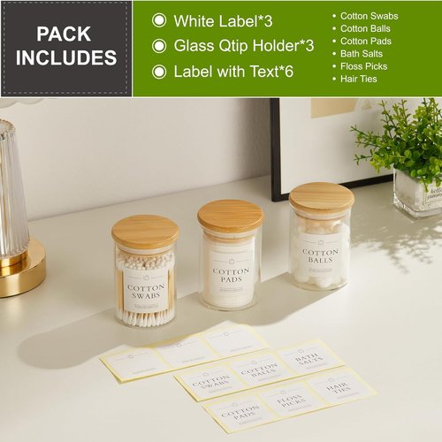 INIUNIK Qtip Holder Dispenser - 3 Pack Glass Apothecary Jars with Lids | Bamboo Bathroom Organizers