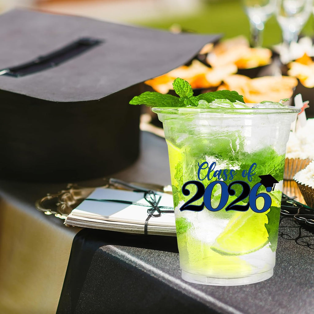 Whaline 50Pcs Graduation Plastic Cups - 12 Oz Clear Disposable Cups for Class of 2026 Party Decor