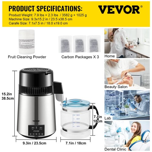 VEVOR Water Distiller, 304 Stainless Steel Countertop Water Stiller, 0.3Gal/H, 0-99H Timing Dual Temp Display, 1.1Gal Distilled Water Maker Machine, Glass Carafe, 3 Carbon Bags, Citric Acid Powder