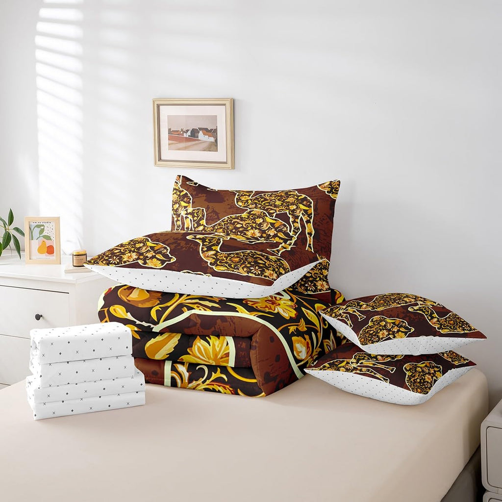 Feelyou Camel Bedding Set Boho Exotic Bed in a Bag Bohemian Damask Comforter Set Queen Size 7 Pieces for Kids Girls Brown European Floral Bed Set with Comforter, Sheet Set, Pillowcases, Pillow Covers