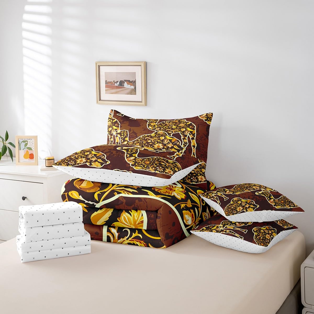 Feelyou Camel Bedding Set Boho Exotic Bed in a Bag Bohemian Damask Comforter Set Queen Size 7 Pieces for Kids Girls Brown European Floral Bed Set with Comforter, Sheet Set, Pillowcases, Pillow Covers
