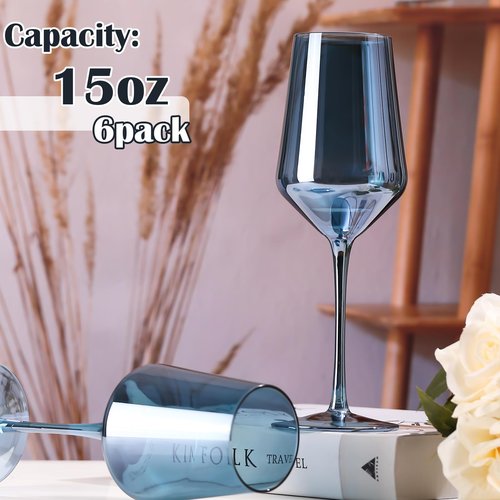 comfit Midnight Blue Wine Glasses Set of 6-15oz Hand Blown Blue Wine Glasses Set for Party Wedding Home Bar, New Year Gifts