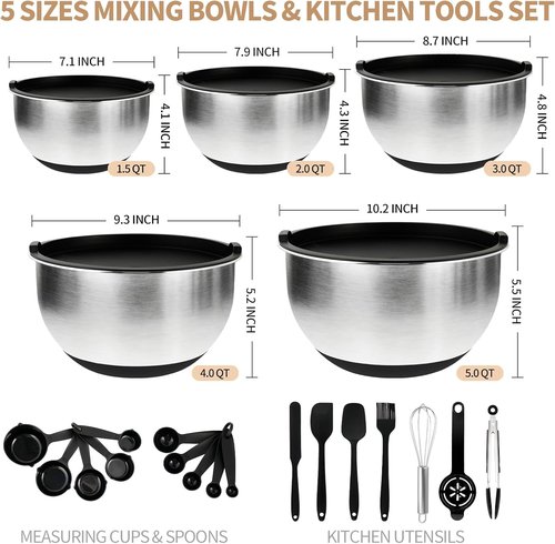Deedro Premium Mixing Bowls Set - 22Pcs Stainless Steel with Airtight Lids | Non-Slip Silicone Base, Black
