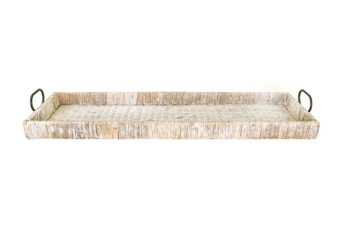 Creative Co-Op Oversize Decorative Rattan Tray with Metal Handles, Tan, Whitewashed