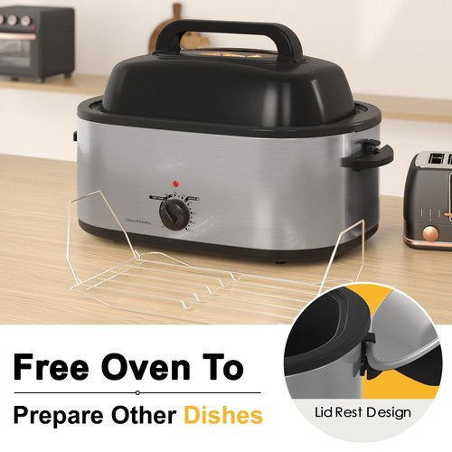 Roaster Oven 26Qt, Multifunctional Electric Roaster Oven for Turkey Meats Bread Soup Sauce, Fast-Cooking Turkey Roaster with Self-Basting Lid, Removable Pan and Rack, Stainless Steel