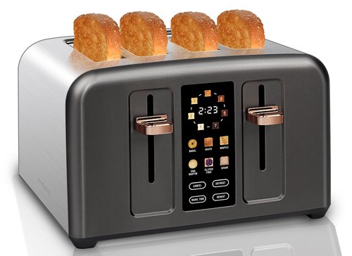 SEEDEEM Toaster 4 Slice, Stainless Toaster & Touch Control, LCD Display, 6 Bread Type, 7 Shade Settings, 1.5'' Wide Slots, Cancel/Defrost/Reheat, Removable Crumb Tray, 1800W, Dark Metallic