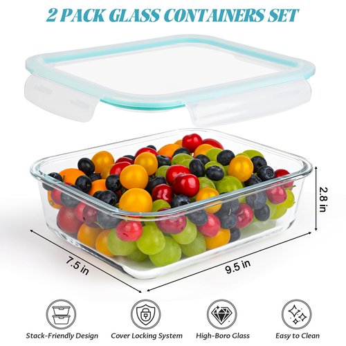 LOVYANXUE 2Pack 9.8 Cups/ 78 Oz Large Glass Food Storage Containers with Lids, Glass Meal Prep Containers with Airtight Lids - BPA Free, Leakproof, Ideal for Food Storing/Serving, Microwave/Oven Safe