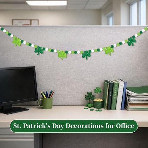 HEAEUNK St Patrick's Day Garland, Pre-Strung Felt Shamrock & Pom Pom Garland Banner, St Patricks Day Decorations for Mantle, Wall & Home
