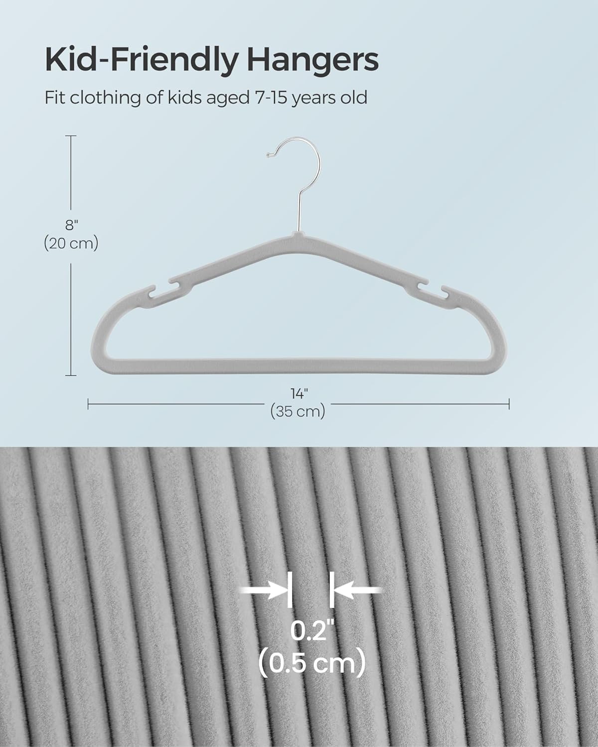SONGMICS Kids Hangers - 50 Pack Non-Slip Velvet Baby Hangers | Space-Saving Design, Dove Gray, 14 x 8 Inches