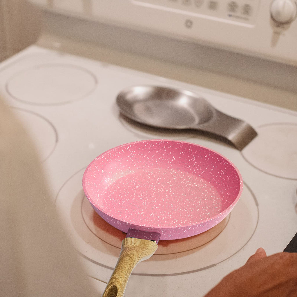 Frying Pan Nonstick, 9.5 Inch Pink Egg Pan, Non Stick Fry Pan 100% PTFE PFOA-Free Omelet Skillet Pan, Toxin-Free Skillets Stone Cookware, Anti-Warp Base with All Stove Tops, Induction Compatible