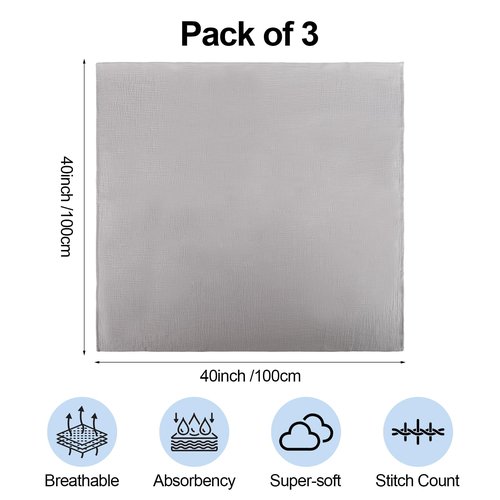3 Pack Muslin Swaddle Blankets (40x40in) - Ultra Soft Breathable Wraps for Newborn Swaddling, Nursing, and Toddler Playtime, Unisex Design