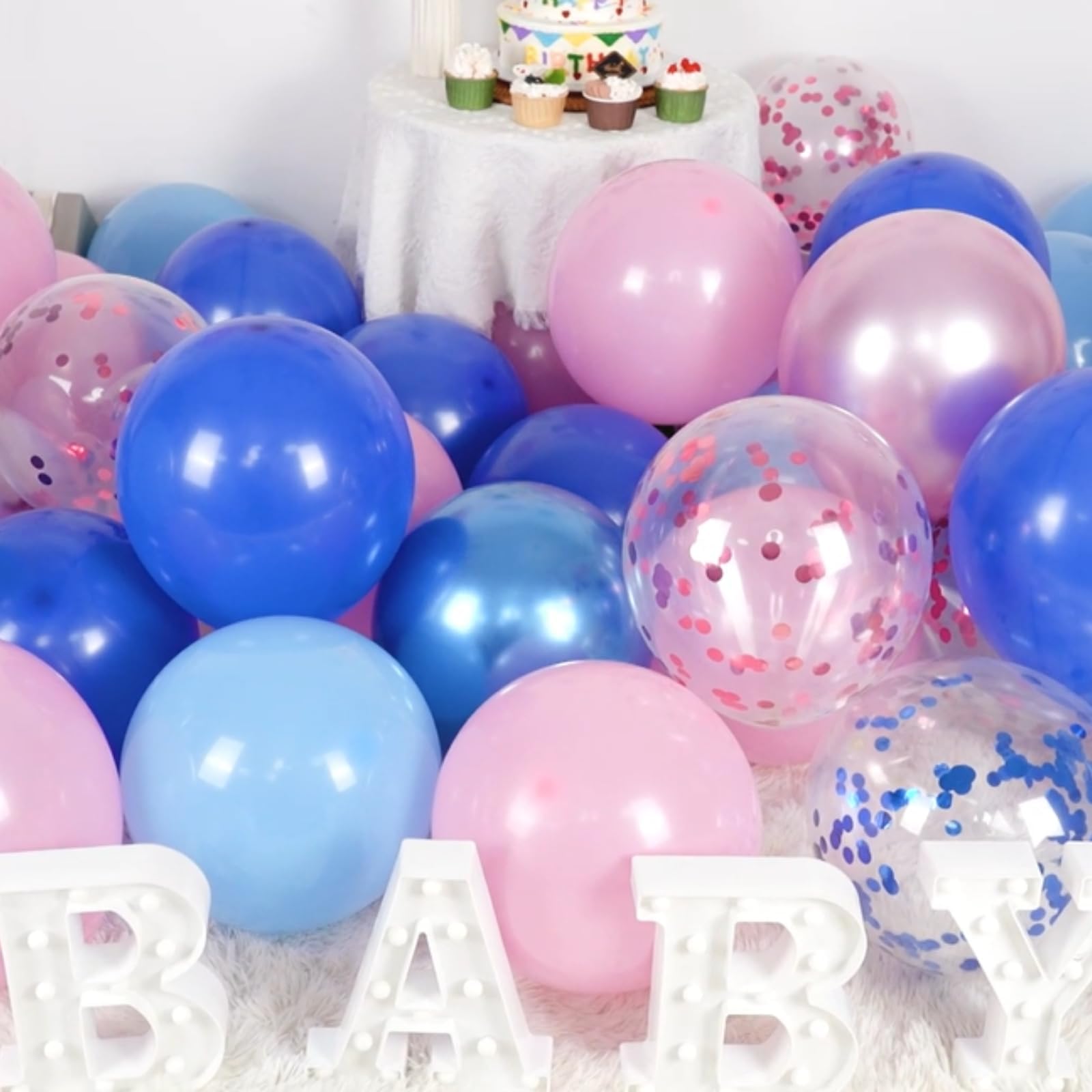 Paready Pink and Blue Balloon Set, 50Pcs Metallic Blue Pink Balloons, 12 Inch Pastel Confetti Royal Balloons for Kids Cartoon Baby Shower Gender Reveal Birthday Party Decorations