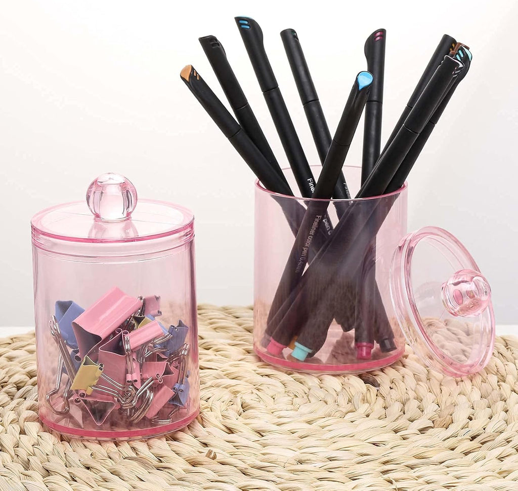 Tbestmax Qtip Holder - 2 Pack Bathroom Canisters for Cotton Ball & Swab Storage | Pink 10-Ounce