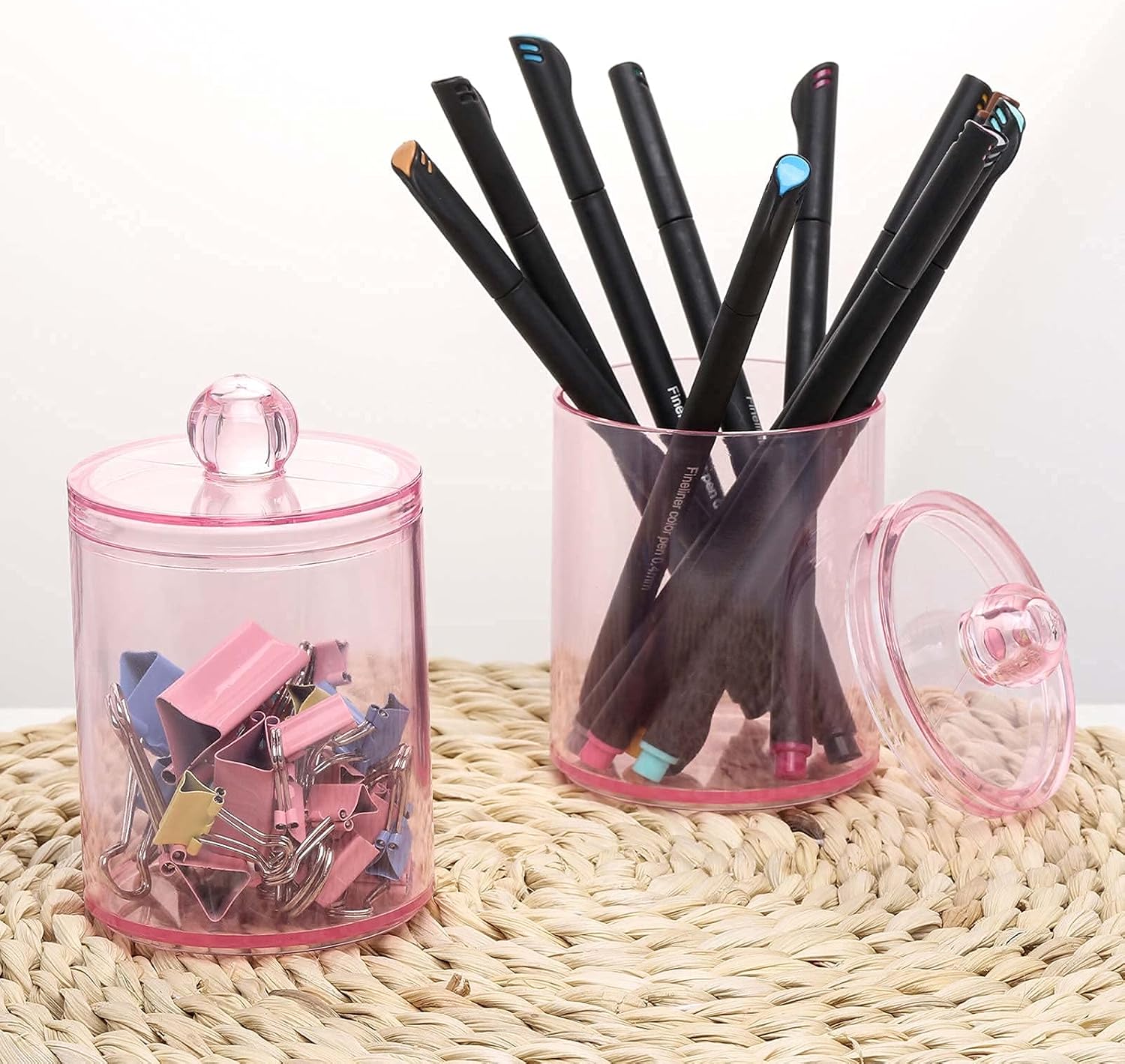 Tbestmax Qtip Holder - 2 Pack Bathroom Canisters for Cotton Ball & Swab Storage | Pink 10-Ounce