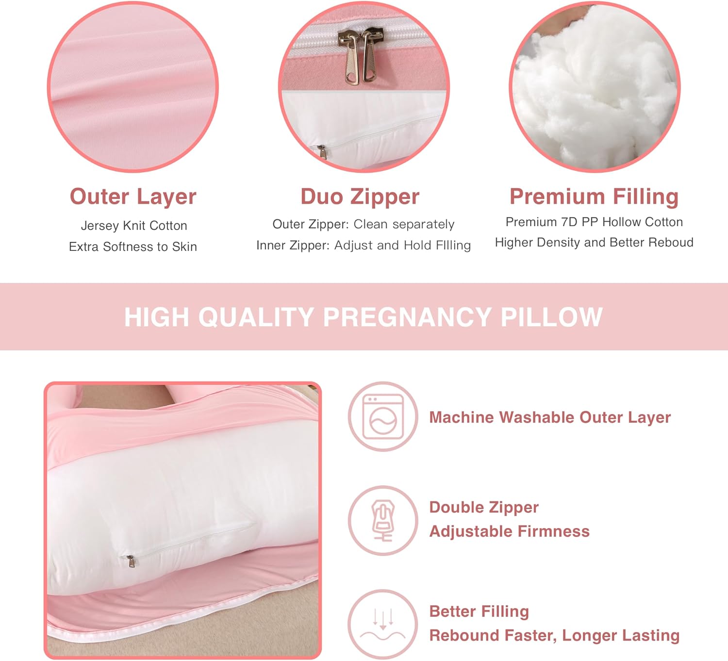Allopera Pregnancy Pillow - Full Body 57-Inch Maternity Pillow with Removable Cover | Sleep Support for Pregnant Women, Pink