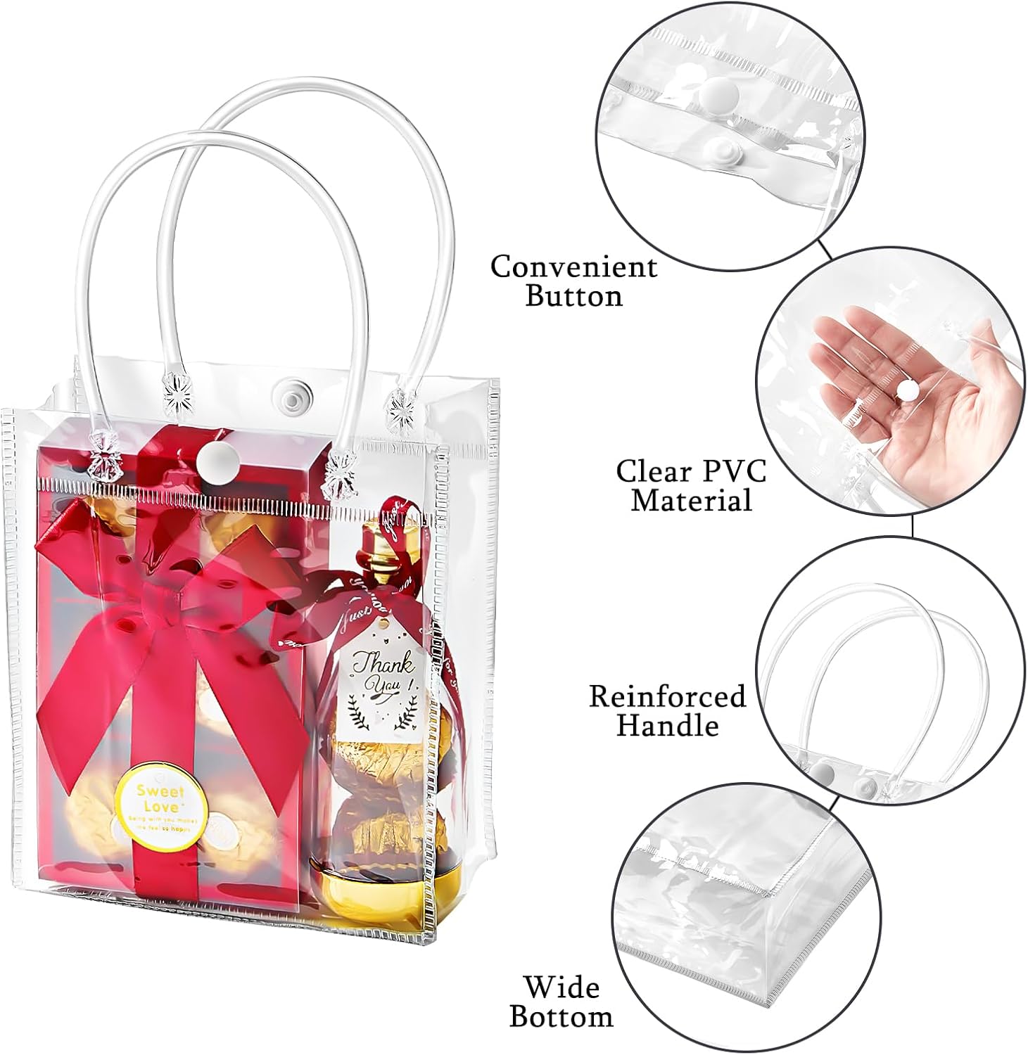 Ohuimrt 50 PCS Clear Plastic Gift Bags with Handles, 5.9 x 4.92 x 2.75 Inches Reusable Party Favor Bags with Ribbon Transparent Gift Wrap Bags Bulk for Weddings Birthdays