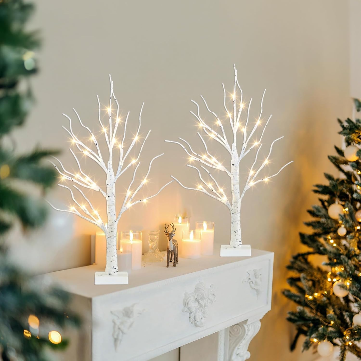 PEIDUO 2FT Birch Tree Easter Decorations - LED Light Up Tree Lamp with Timer & Warm White Glow | Indoor Table Decor (2PK)