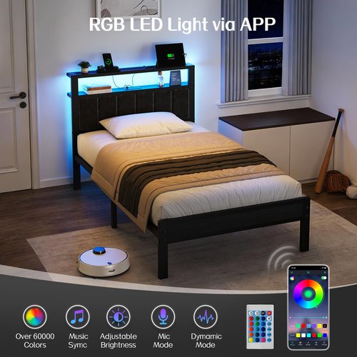 OLEVS Twin Bed Frame with LED Lights & USB Outlets, Platform Twin Bed with Storage Headboard, No Box Spring Needed, Easy Assembly