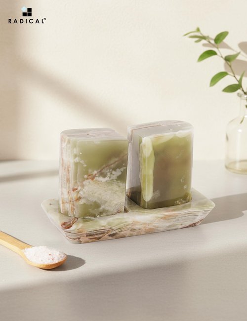 Radicaln Marble Salt & Pepper Shakers Set – 2.5" Green Modern Kitchen Essentials for Cooking and Dining, Stone Spice Holder & Saleros for Black Pepper, Pink Salt