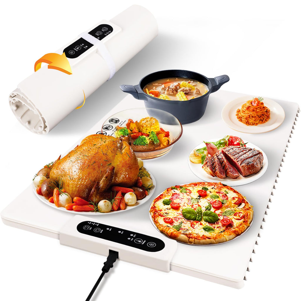 ANKDD Warming Mat for Food - Temp Master Adjustable Warming Tray with 3 Level Adjustable Temperature / 4 Hours Timer, Electric Heating Pad with Feet, Foldable Food Warmer Mat, White