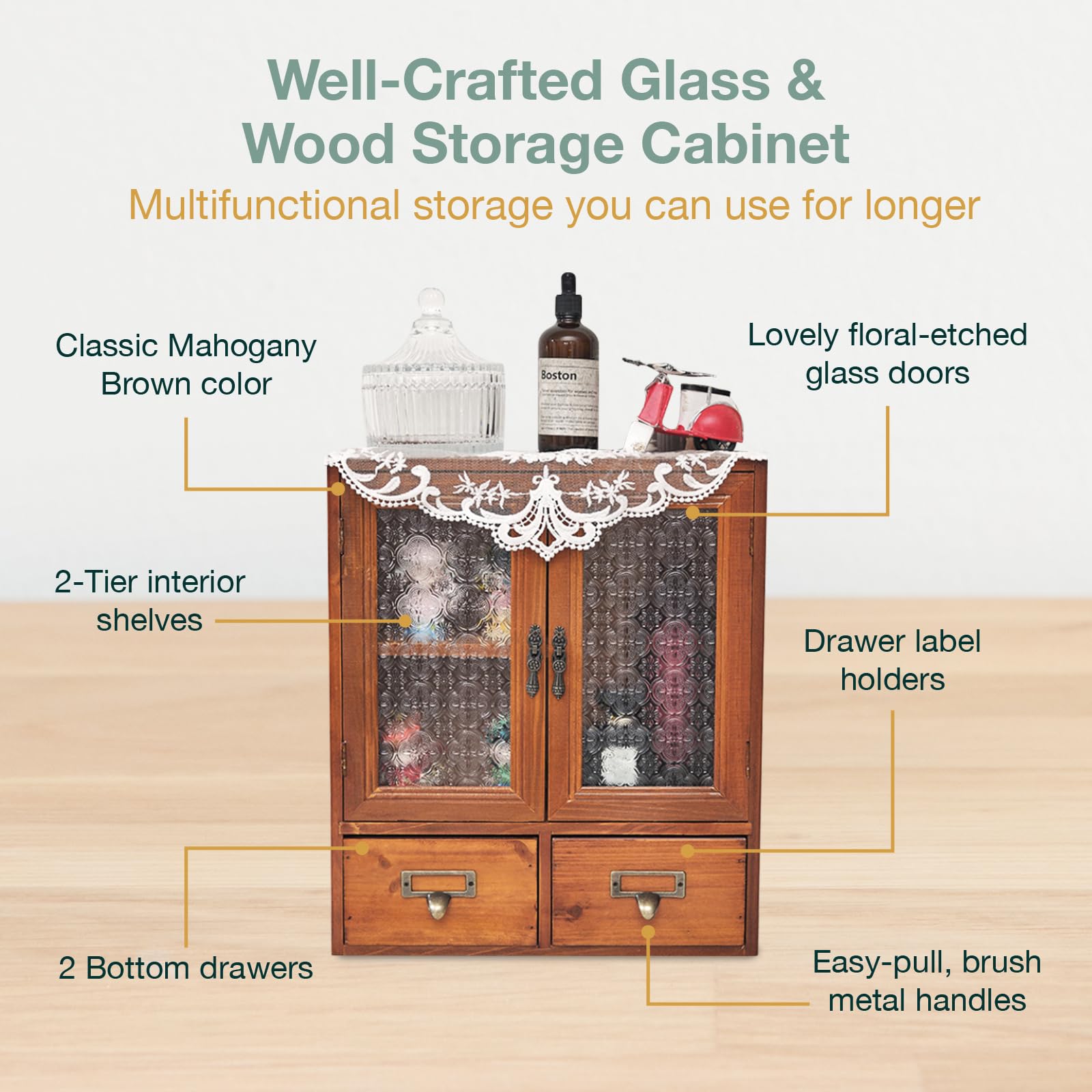 Geometric Motif Mahogany Storage Cabinet with Floral-Embossed Pressed Glass Doors – Victoria Floral Patterned Display Cupboard with 2 Drawers for Kitchen, Pantry and Countertop Organization