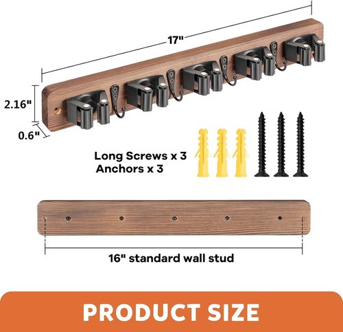 IMILLET Broom Holder Wall Mount - Rustic Wood Organizer with 5 Racks & 4 Hooks for Home & Garden Storage